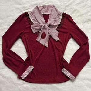 Axes Femme Cherry red long sleeve blouse with striped red and white bow detail